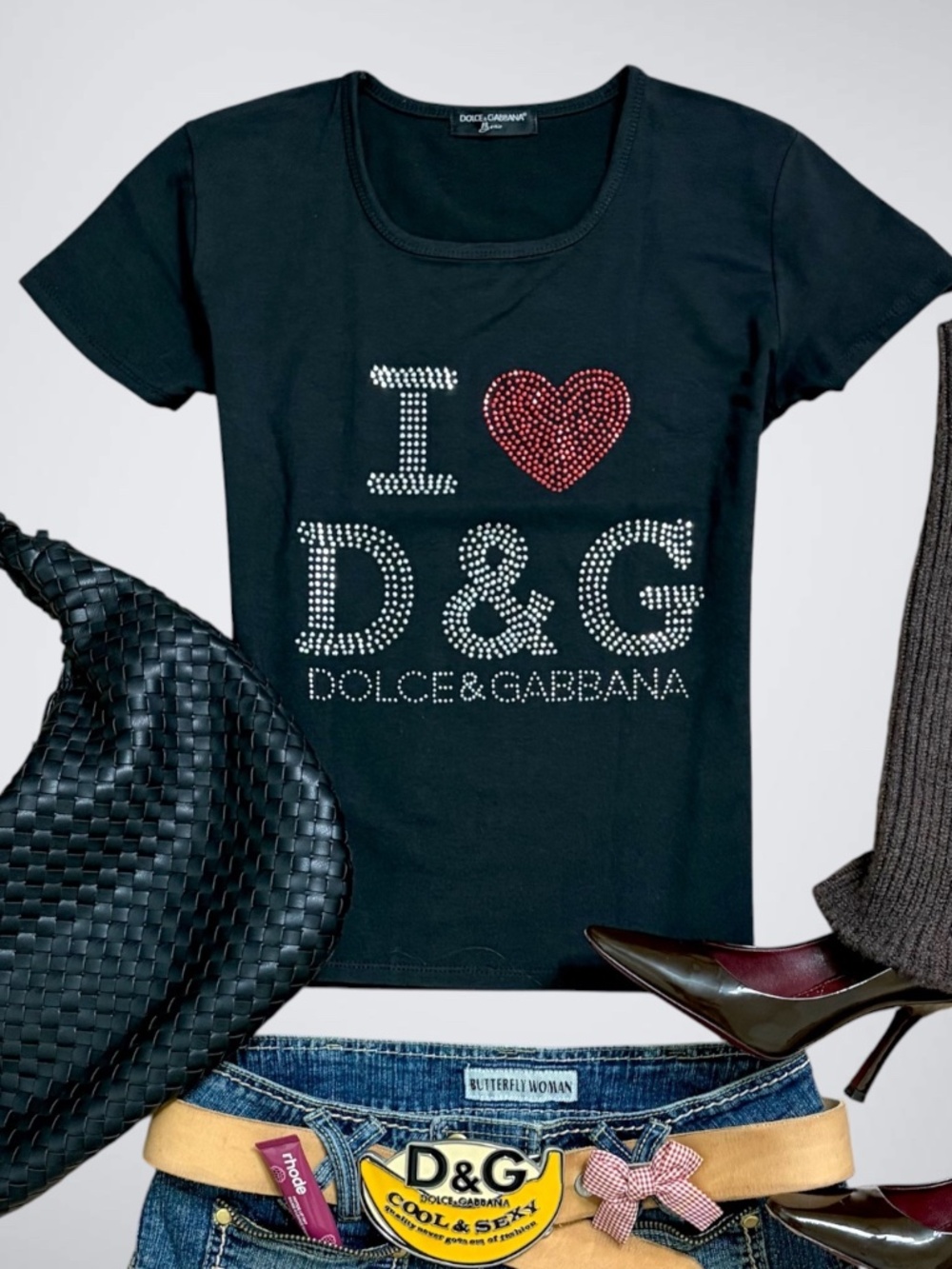 RARE VTG Archival D&G Dolce & Gabbana Rhinestone “I Love D&G” Baby Tee | Y2K McB